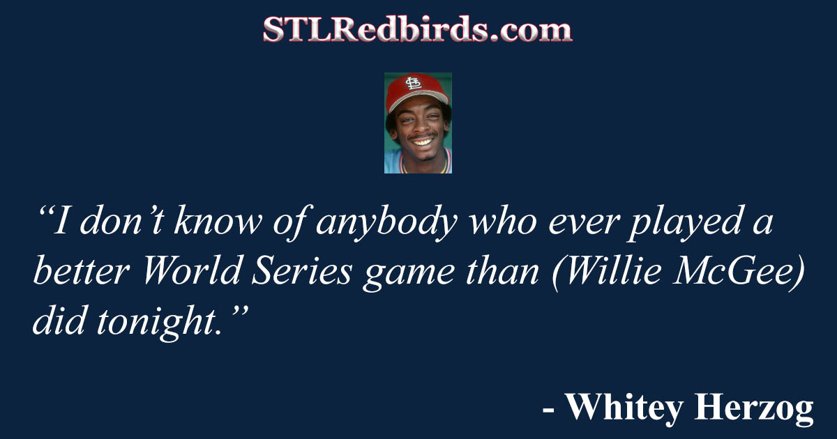 October 15, 1982: Willie McGee homers twice as Cardinals win Game 3 of the  World Series